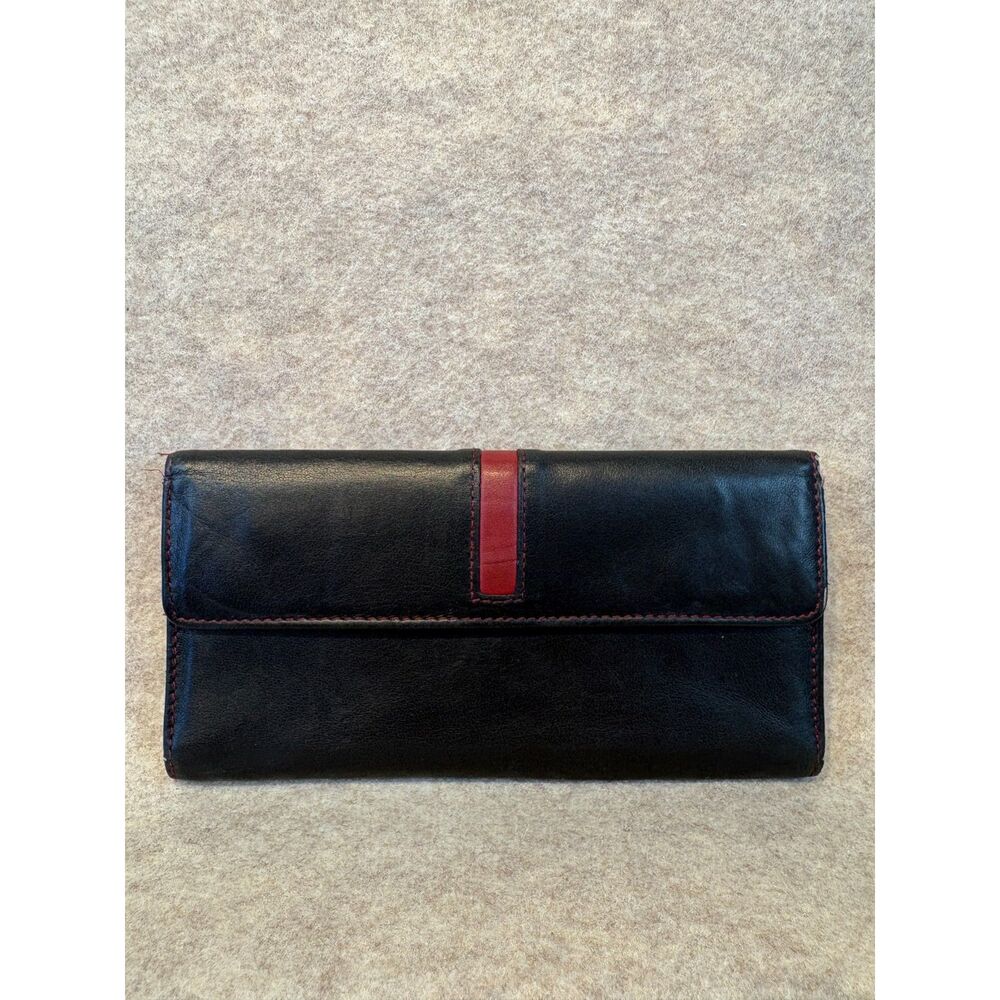 Buxton Genuine Leather Trifold Wallet Black Red 7x4